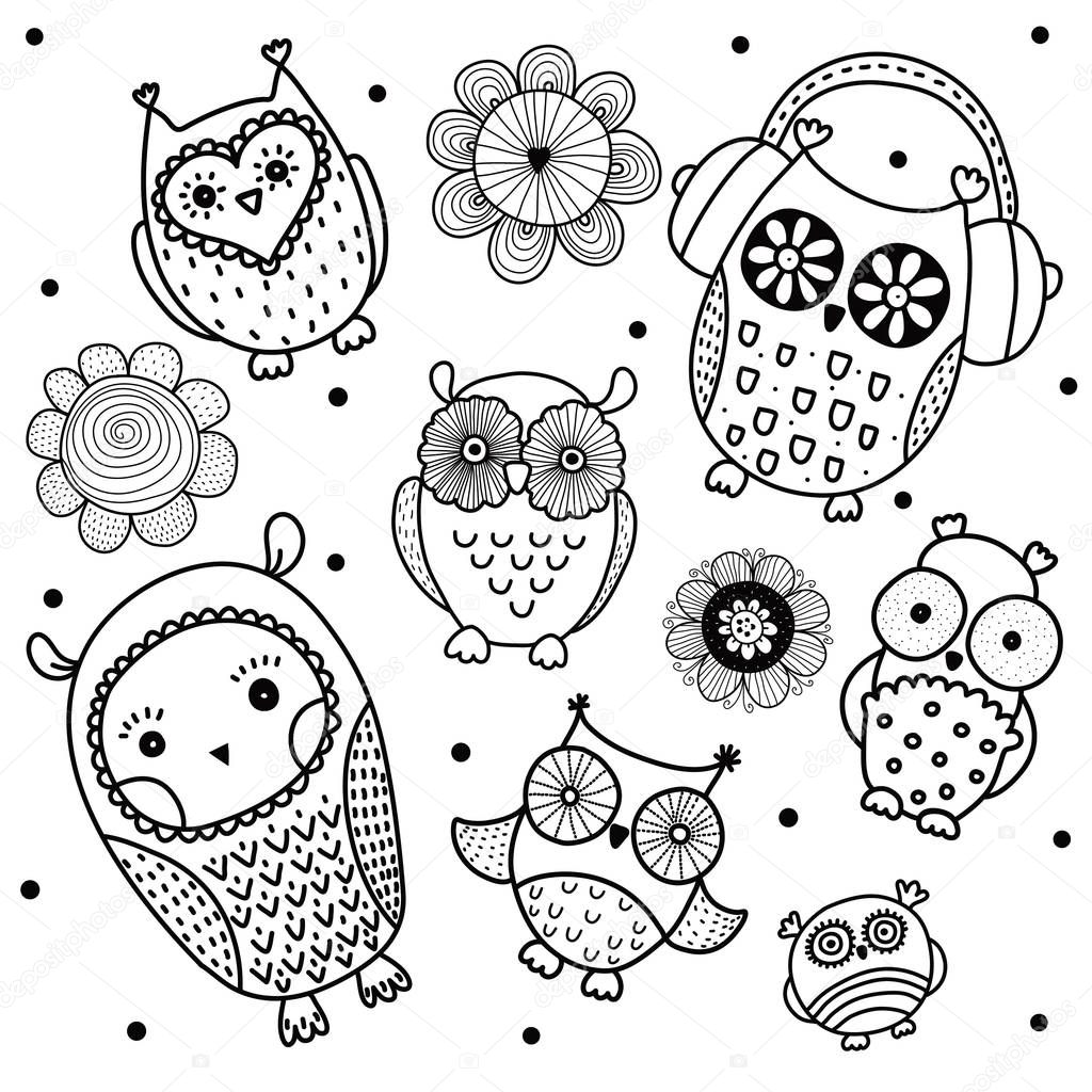 Cute owls and owlets vector illustration