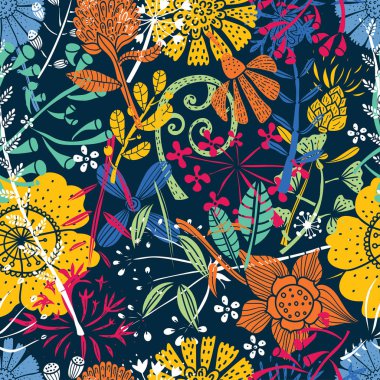 otlar ve kır çiçekleri ile desen