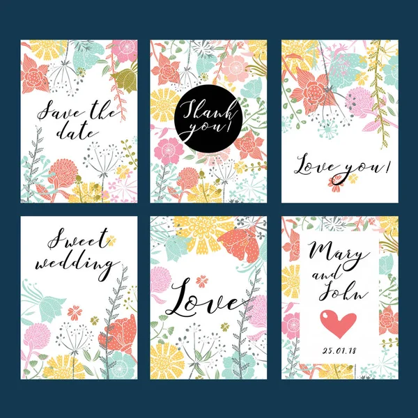 Vector Zachte Bruiloft Kaarten Sjabloon Met Bloem Design Vector Set — Stockvector