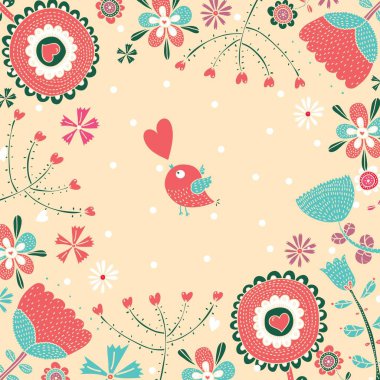 Mutlu gün! Çiçekler ve kuşlar ile şirin kartpostal.