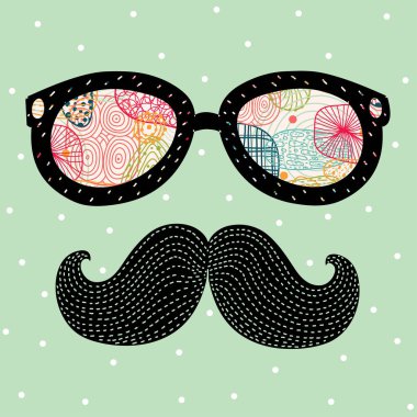 Gözlük ve bıyıklı. Hipster serin kartı.