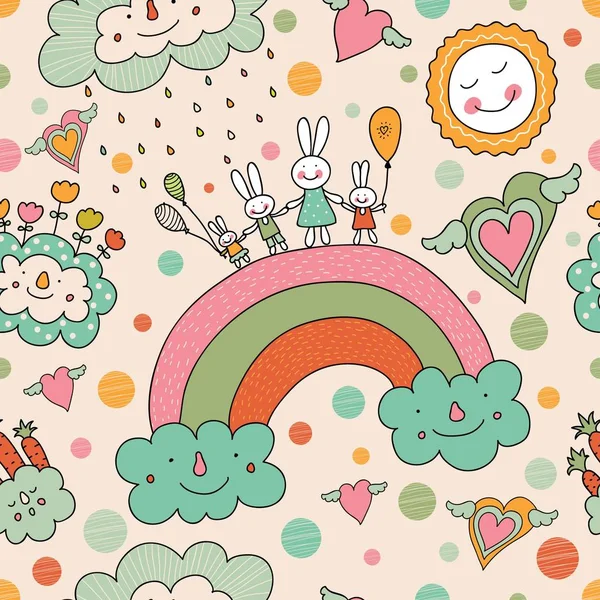 Fröhliche Kaninchen Laufen Über Den Regenbogen Niedliche Postkarte — Stockvektor