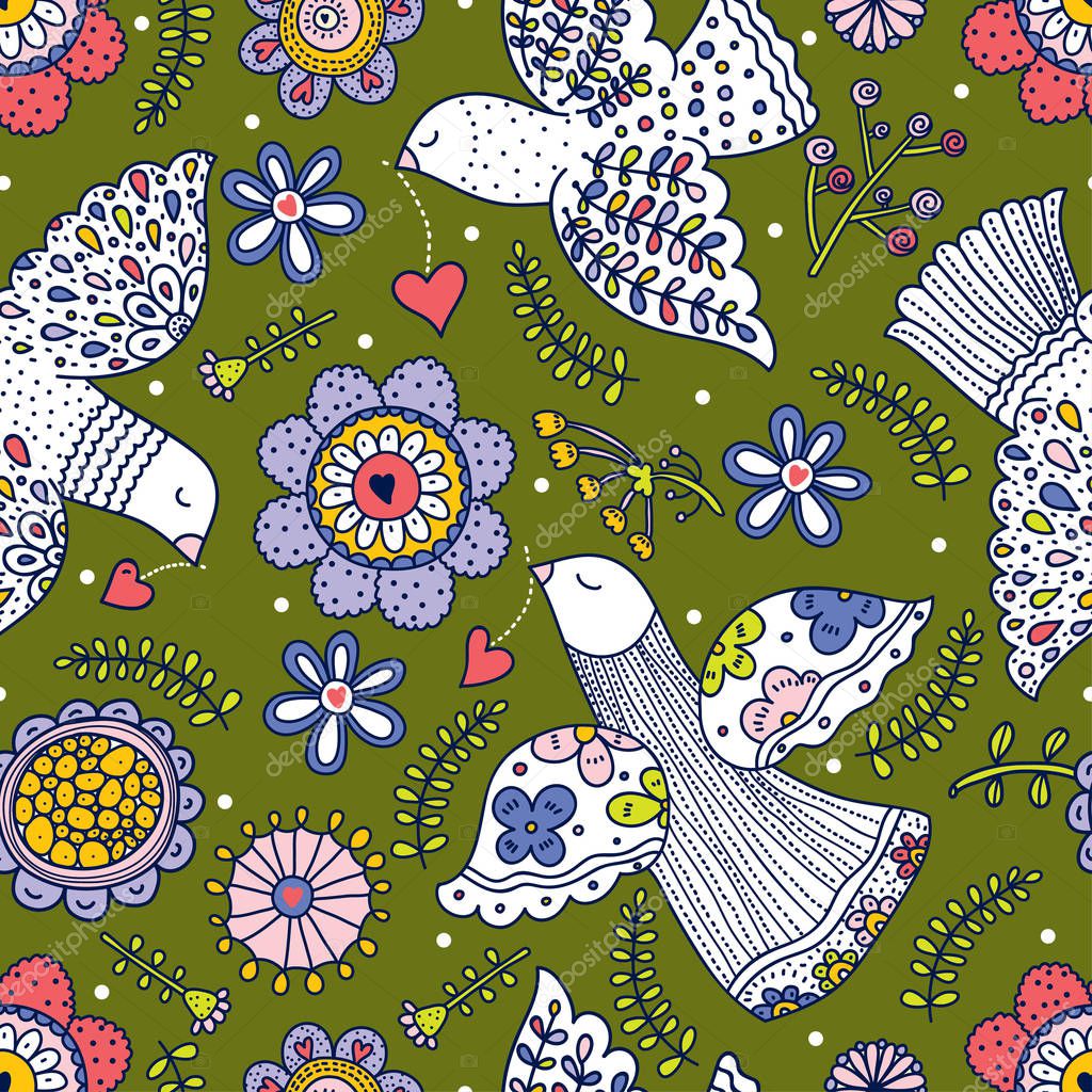 Dove, peace and flowers. Vector seamless pattern.