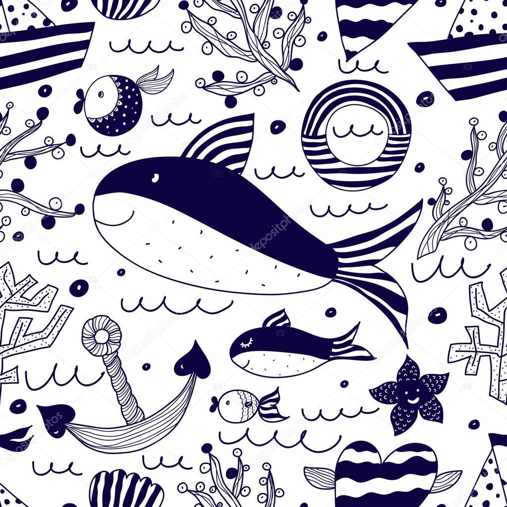 Cute sea. Vector background.  Seamless pattern.