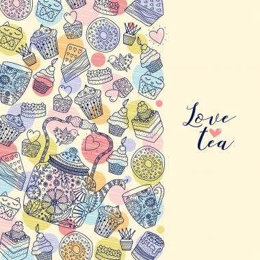 Çay ve tatlılar. Vektör çizim.