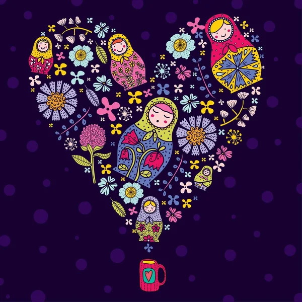 Rosyjskie Serce Ładna Ilustracja Matrioszka Kwiaty Słodka Babuszka — Wektor stockowy