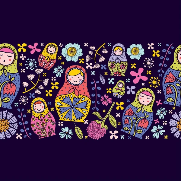 Gorizontal Naadloze Grens Met Russische Motiv Matryoshka Bloemen Schattig Baboesjka — Stockvector