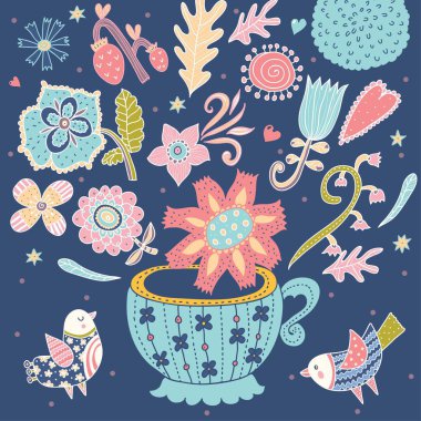 Akşam fincan da çay. Çay, kuşlar ve çiçekler ile şirin kart.