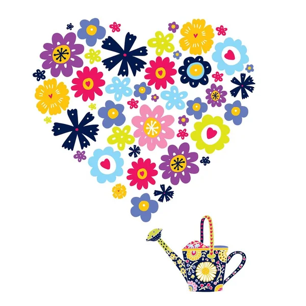 Arrosoir de jardin et coeur. Joli motif de printemps . — Image vectorielle