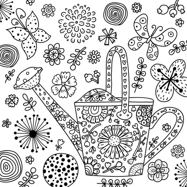 Garden watering can, flowers and butterflies. — Stock Vector