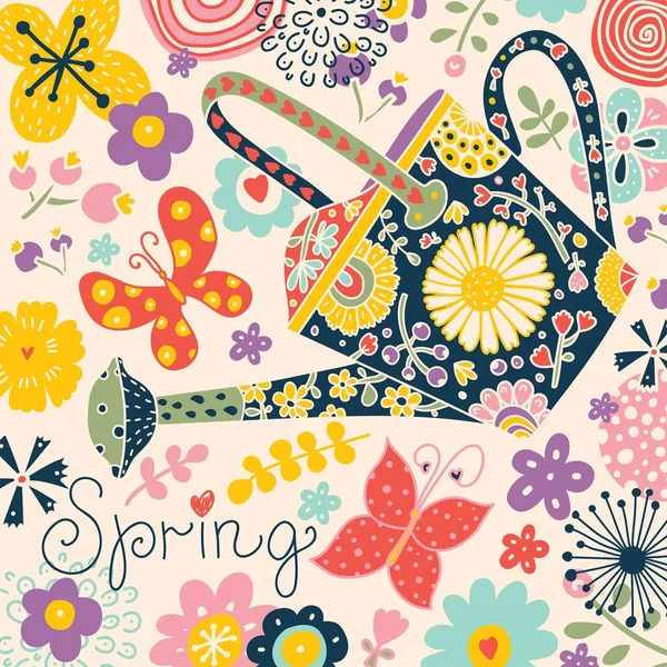 Arrosoir de jardin, fleurs et printemps ! — Image vectorielle