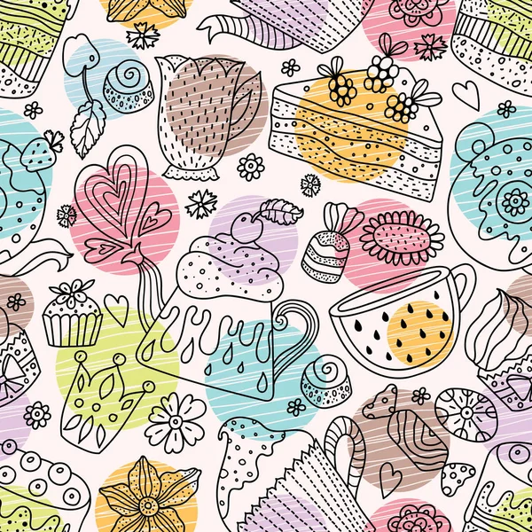 Tea time. Cute seamless pattern. Line background.