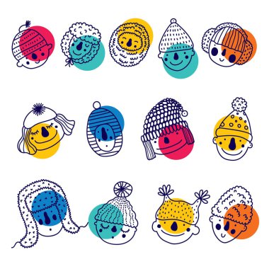 Kış şapkalı insanların yüzleriyle komik bir vektör seti..