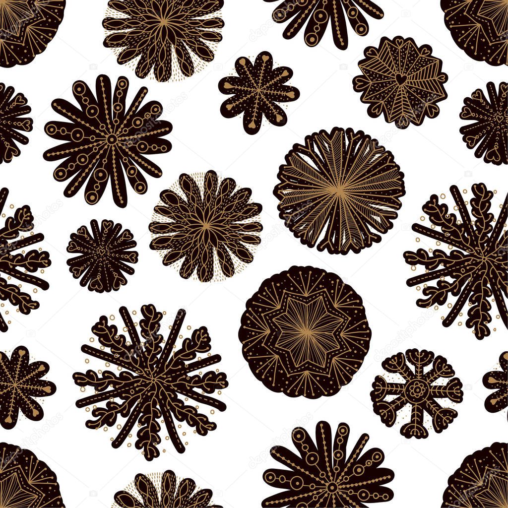 Cute winter seamless pattern with gold decorative snowflakes.