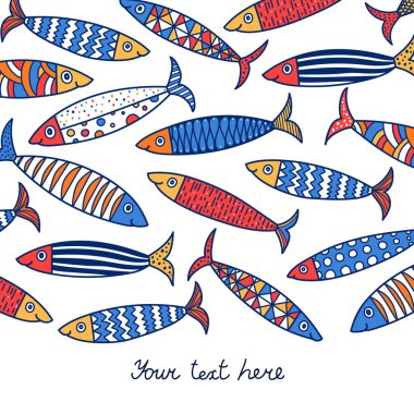 Lovely sardines. Postcard with colorful fish. clipart