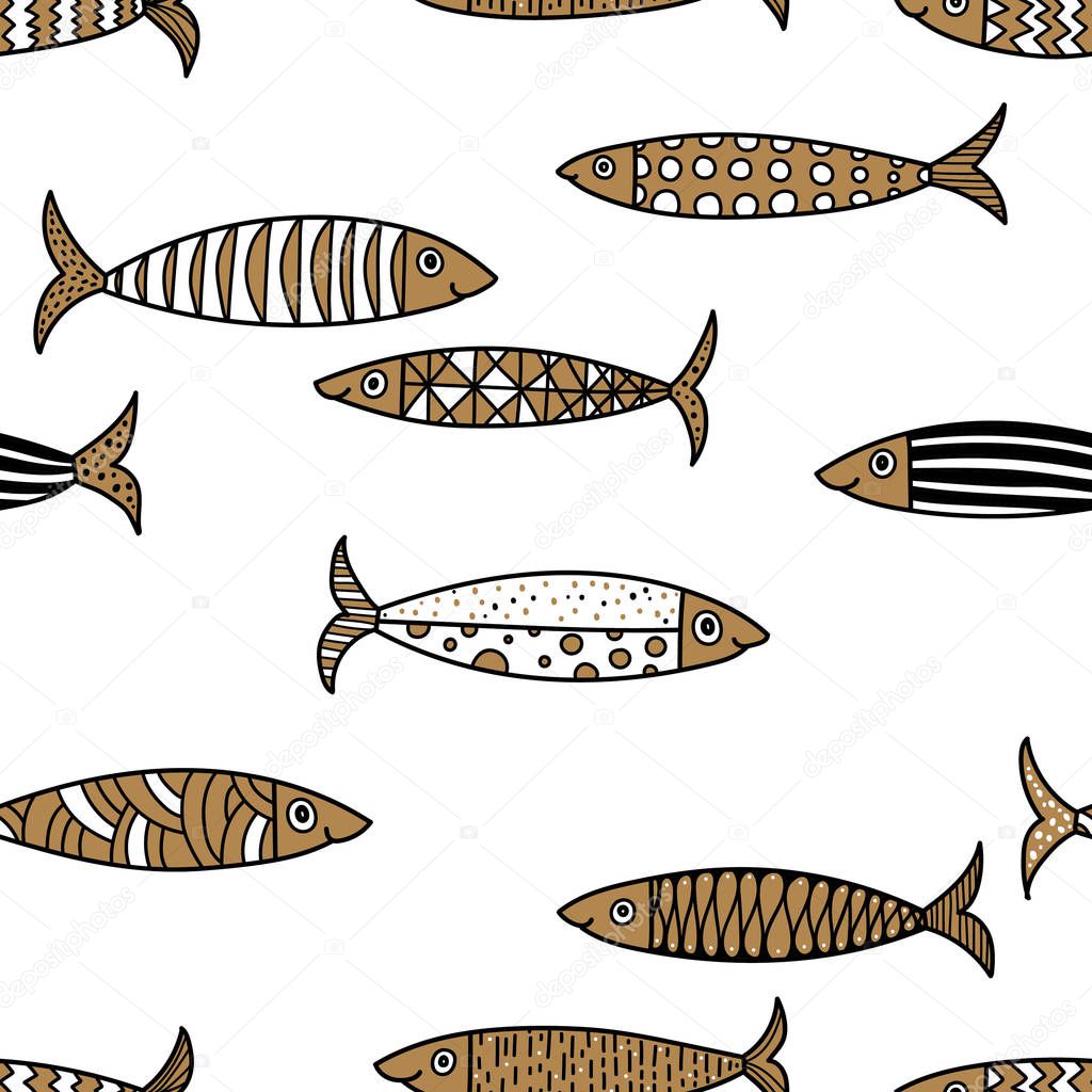 Gold cute fish.  Kids lbackground. Seamless pattern. Can be used in textile industry, paper, background, scrapbooking.