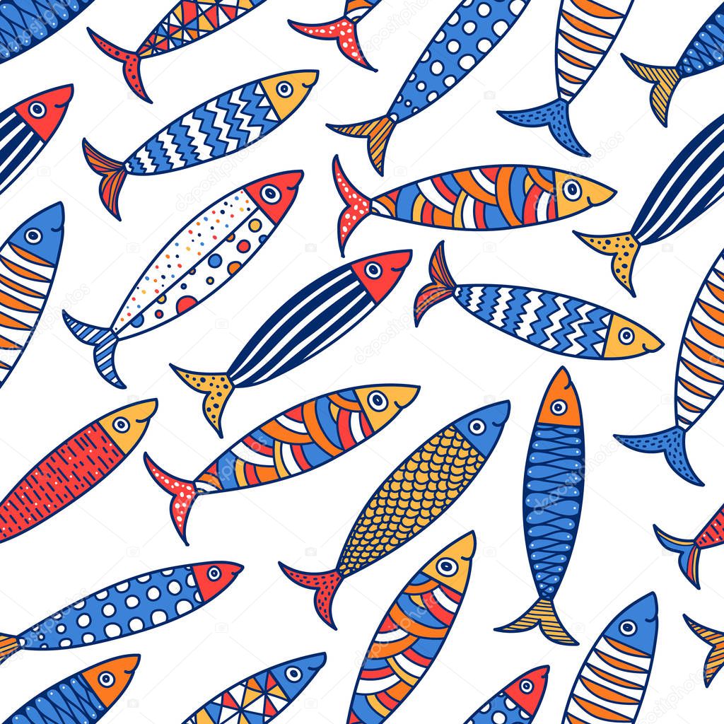 Cute fish.  Kids lbackground. Seamless pattern. Can be used in textile industry, paper, background, scrapbooking.