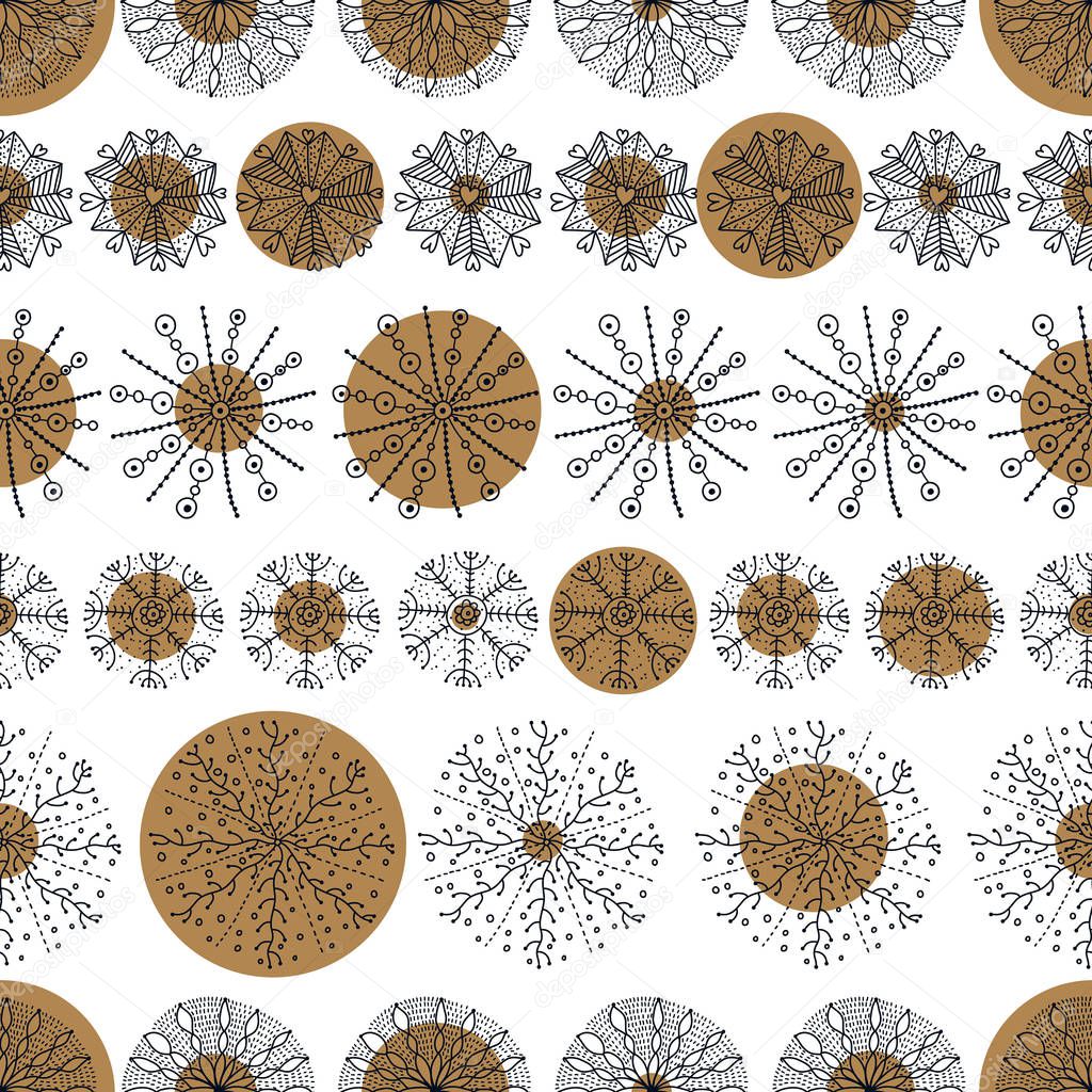 Cute winter seamless pattern with gold decorative snowflakes. Can be used in textile industry, paper, background, scrapbooking.