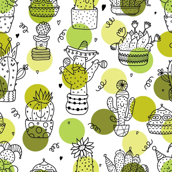 Funny Cacti Linear Illustration Coloring Cute Motif Seamless Pattern — 스톡 벡터