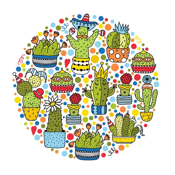 Vtipné Kaktusy Lineární Zbarvení Ilustrací Roztomilý Motiv — Stockový vektor