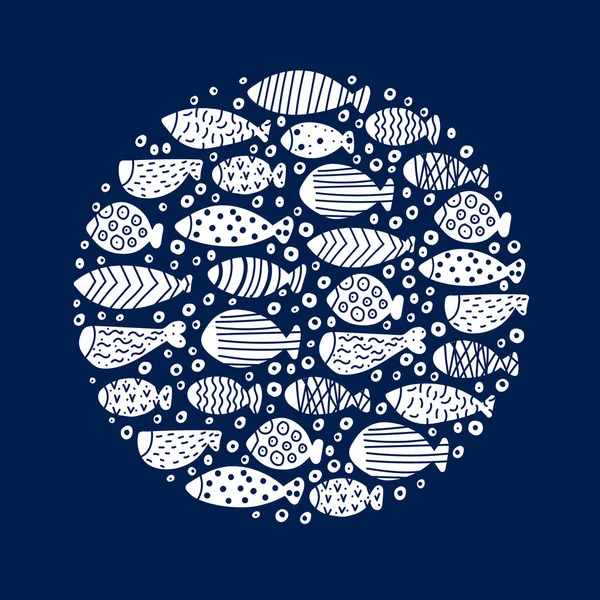 Carina Carta Del Pesce Intorno Motivo Con Pesce Illustrazione Blu — Vettoriale Stock