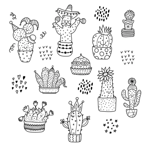 Vtipné Kaktusy Lineární Zbarvení Ilustrací Roztomilý Motiv — Stockový vektor