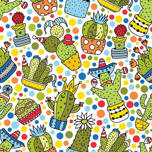 Funny Cacti Cute Motif Seamless Pattern — 스톡 벡터