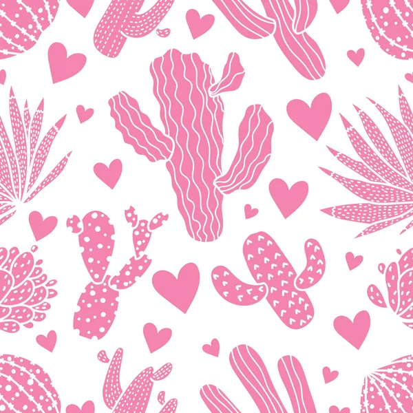Cute Cactuses Hearts Hand Drawn Seamless Pattern Perfect Fabric Wallpaper — 图库矢量图片