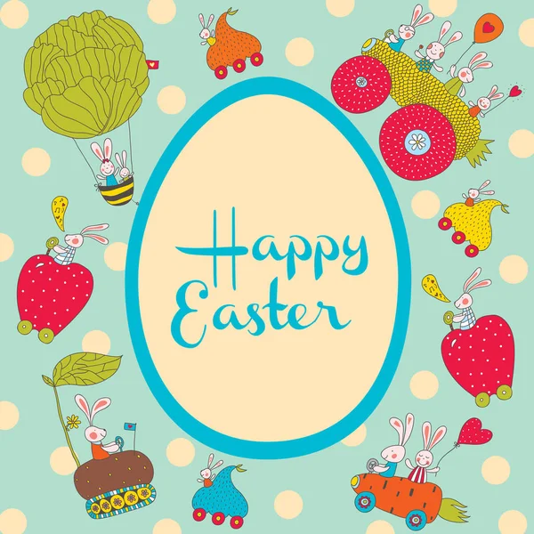 Niedliche Urlaubskarte Glückliche Ostern Mit Cartoon Hasen — Stockvektor