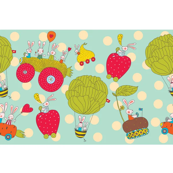 Rabbits Ride Funny Cars Vector Seamless Horizontal Border — ストックベクタ