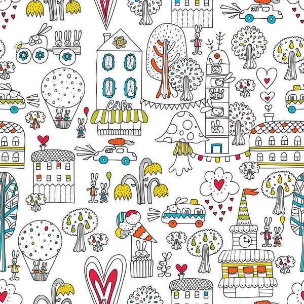City of rabbits. Cute vector seamless pattern with bunnies. Wallpapers coloring pages for kids. Linear pattern.