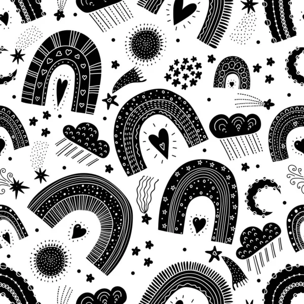 Черный Бесшовный Рисунок Волшебными Радугами Звездами Облаками Использован Текстильной Промышленности — стоковый вектор