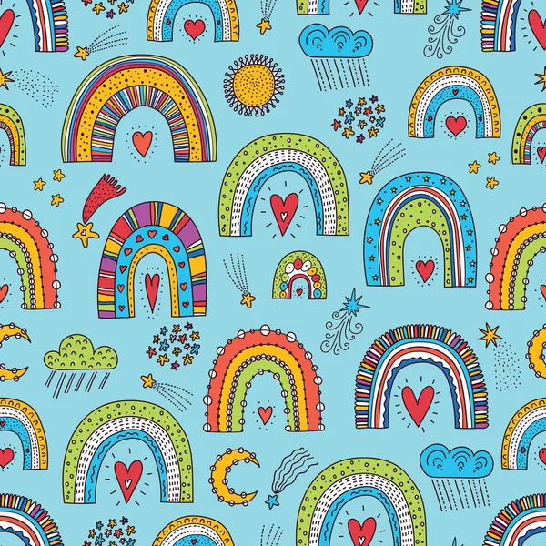 Cute seamless pattern with magic rainbows, stars and clouds. Can be used in textile industry, paper, background, scrapbooking.