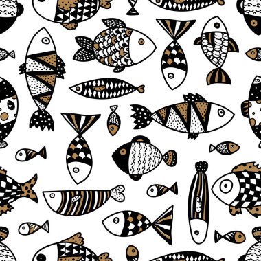 Şirin balık. Çocuk geçmişi. Kusursuz desen. Tekstil endüstrisinde, kağıt, arkaplanda, koleksiyon defterinde kullanılabilir.