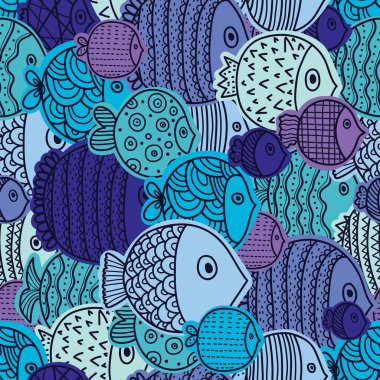 Renkli balıklar. Şirin süs balığıyla kusursuz bir desen. Deniz arka planı. Tekstil endüstrisinde, kağıt, arkaplanda, koleksiyon defterinde kullanılabilir.
