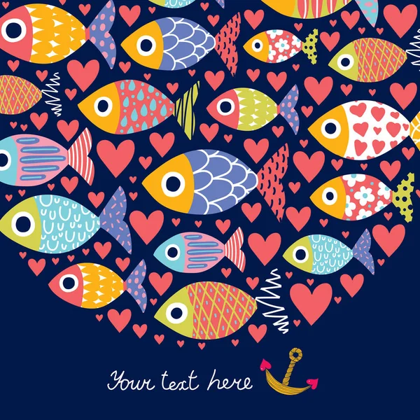 Bonita Postal Con Peces Decorativos Corazones — Vector de stock