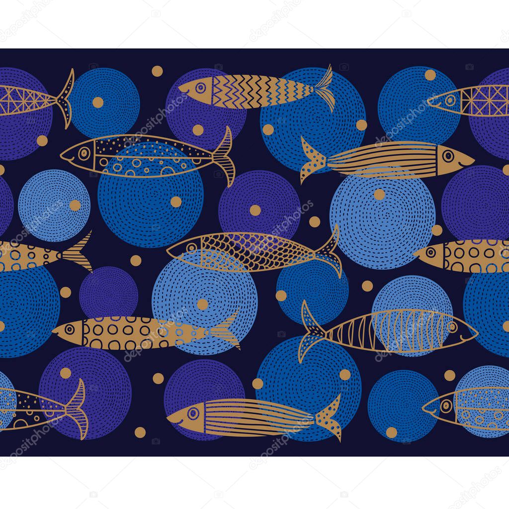 Vector seamless horizontal border with fish. Cute sardines.