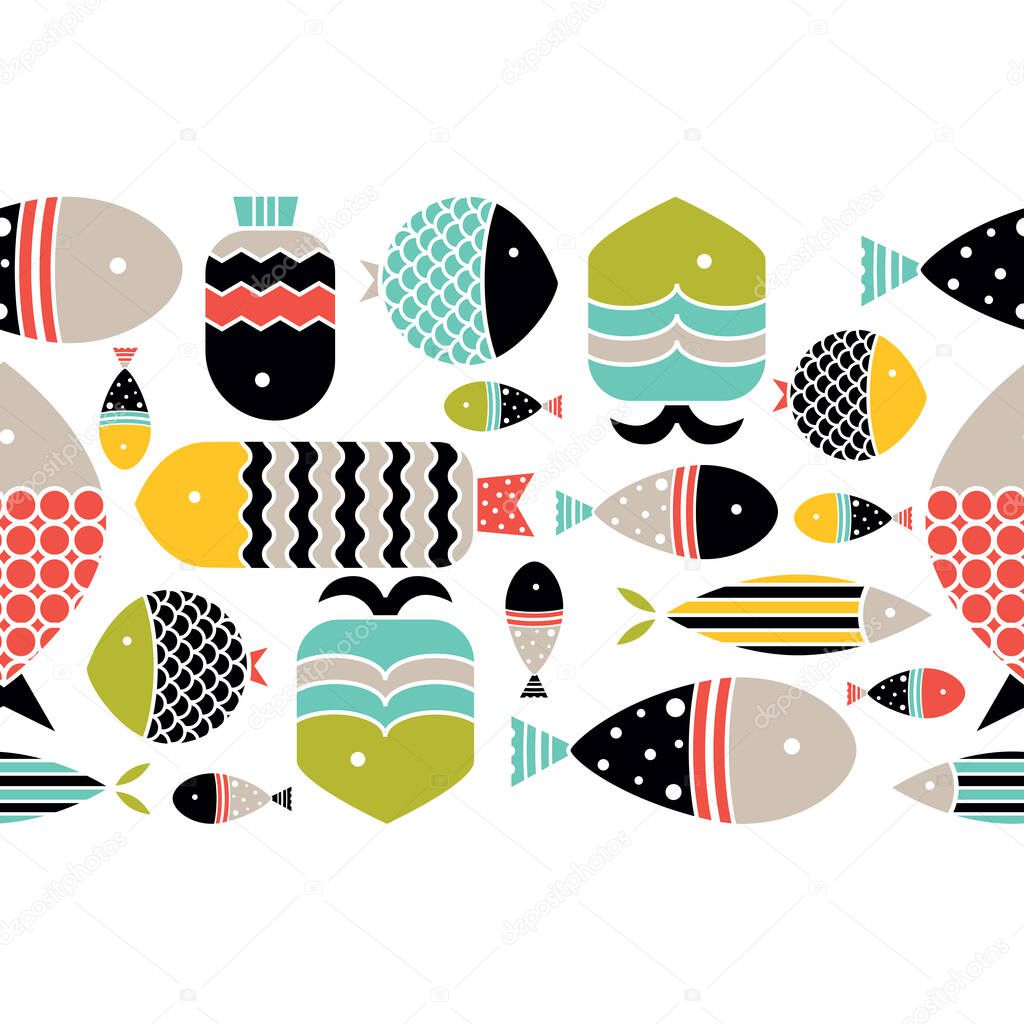 Cute fish. Kids background. Vector seamless horizontal border with fish.