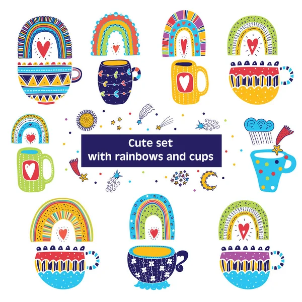 Cute Set Magic Rainbows Stars Clouds Tea Cups Can Used — Stock Vector