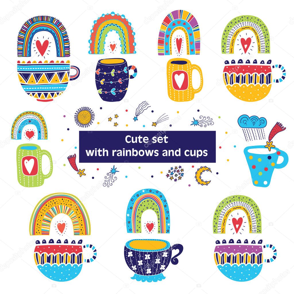 Cute set with magic rainbows, stars, clouds and tea cups. Can be used in textile industry, paper, background, scrapbooking.