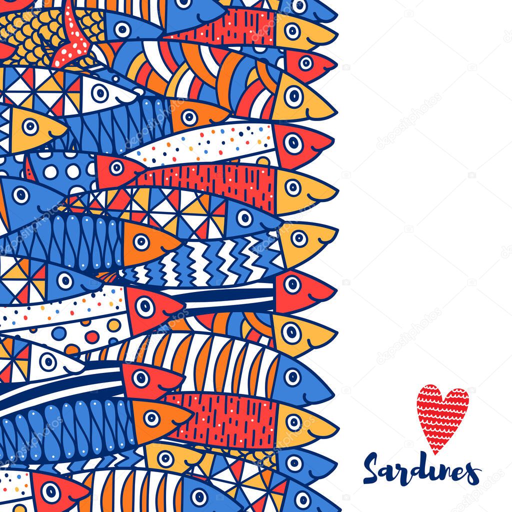 Lovely sardines. Postcard with colorful fish.