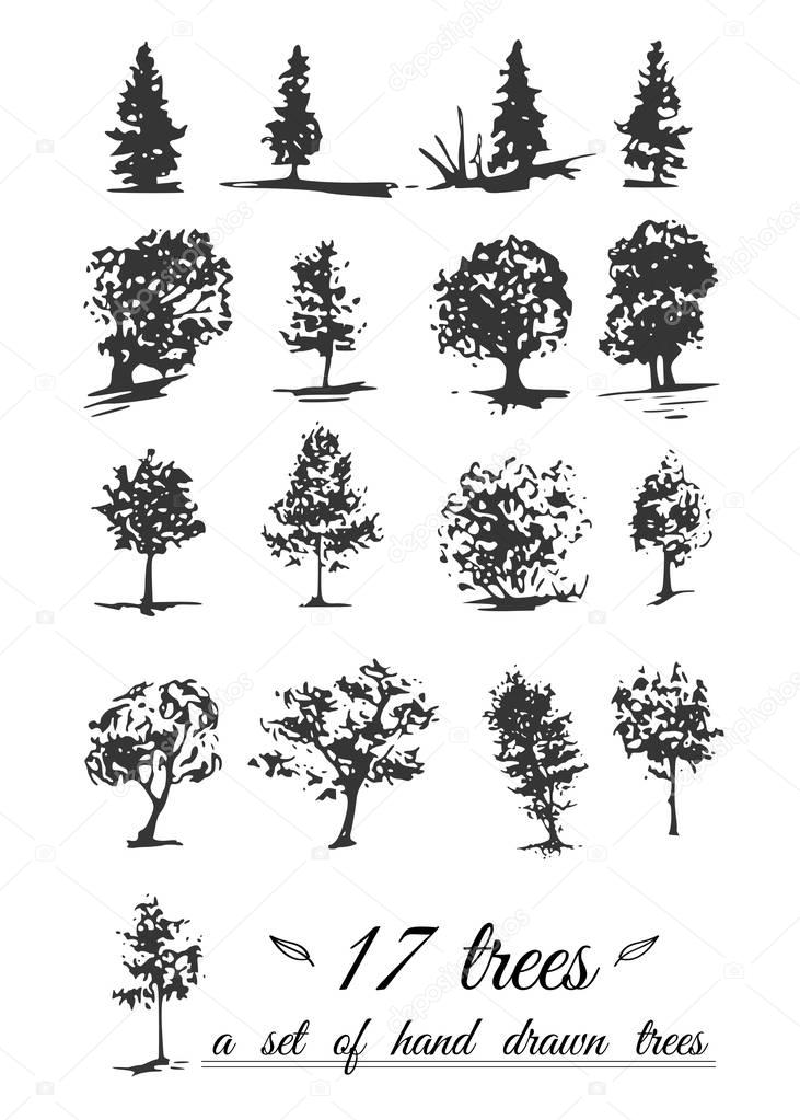 A set of hand-drawn trees