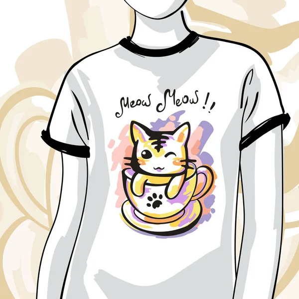 T-Shirts mit Tinte Katze, Mode-Illustration — Stockvektor