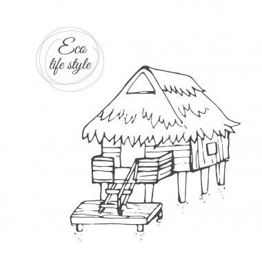 A wooden house on the water with a thatched roof and a long staircase in the style of a sketch clipart