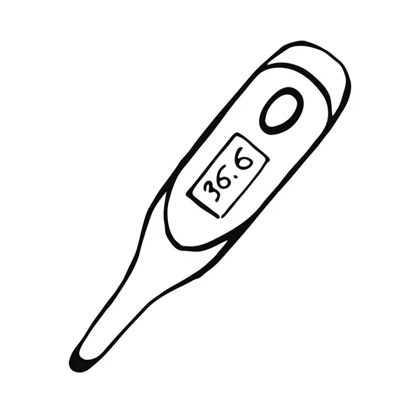 Handgetekende thermometer. Vector lineaire afbeelding op het onderwerp van de geneeskunde, geneeskunde en gezondheid. — Stockvector