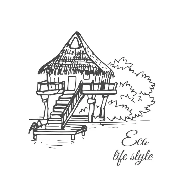 Su bir thatched çatı ve uzun bir merdiven bir kroki tarzı ile ahşap bir ev