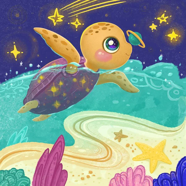 Cartoon sea turtle against the night sky with stars and comets. Sandy seabed with the coral reef. Fantasy animal in clear water, space turtle. Illustration for design greeting card, flyer, banner.