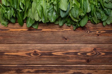 Taze organik mutfak bitkileri. Yeşil yapraklı ahşap kaplama.. 