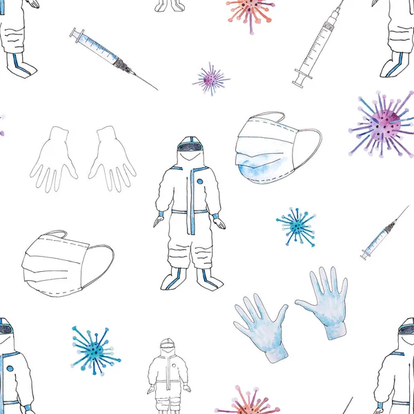 seamless pattern. Watercolor drawing - clothes of doctors, protective medical suit, medical mask, gloves, syringe.