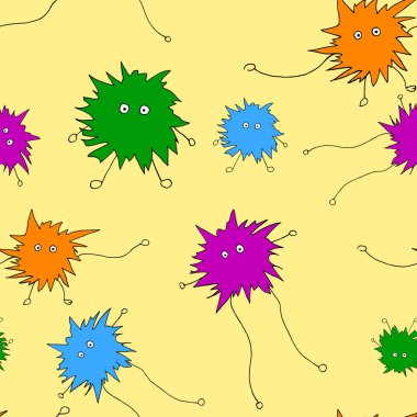 Suluboya kusursuz şirin canavar deseni. Komik çizgi film canavarlarının el çizimi renkli arkaplan çizimi